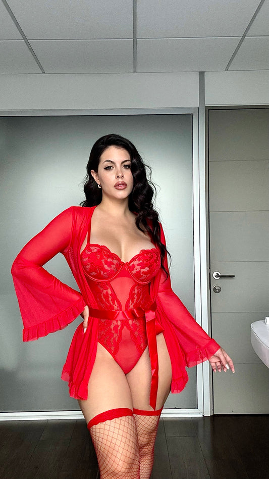 Body lencería encaje Fragola + bata + medias