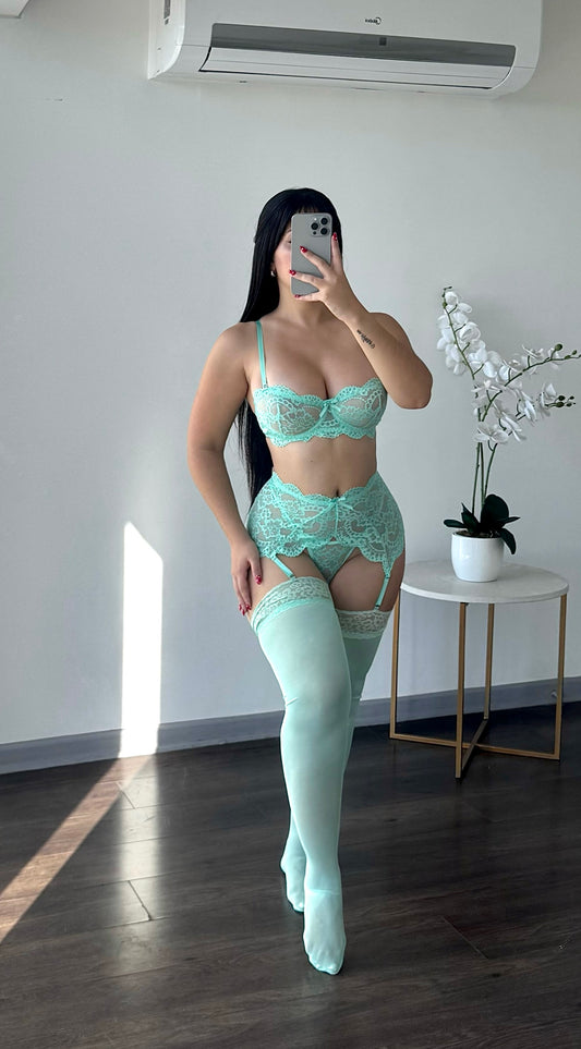 Preventa Conjunto lenceria encaje Trieste cyan (2 a 3 Semanas)