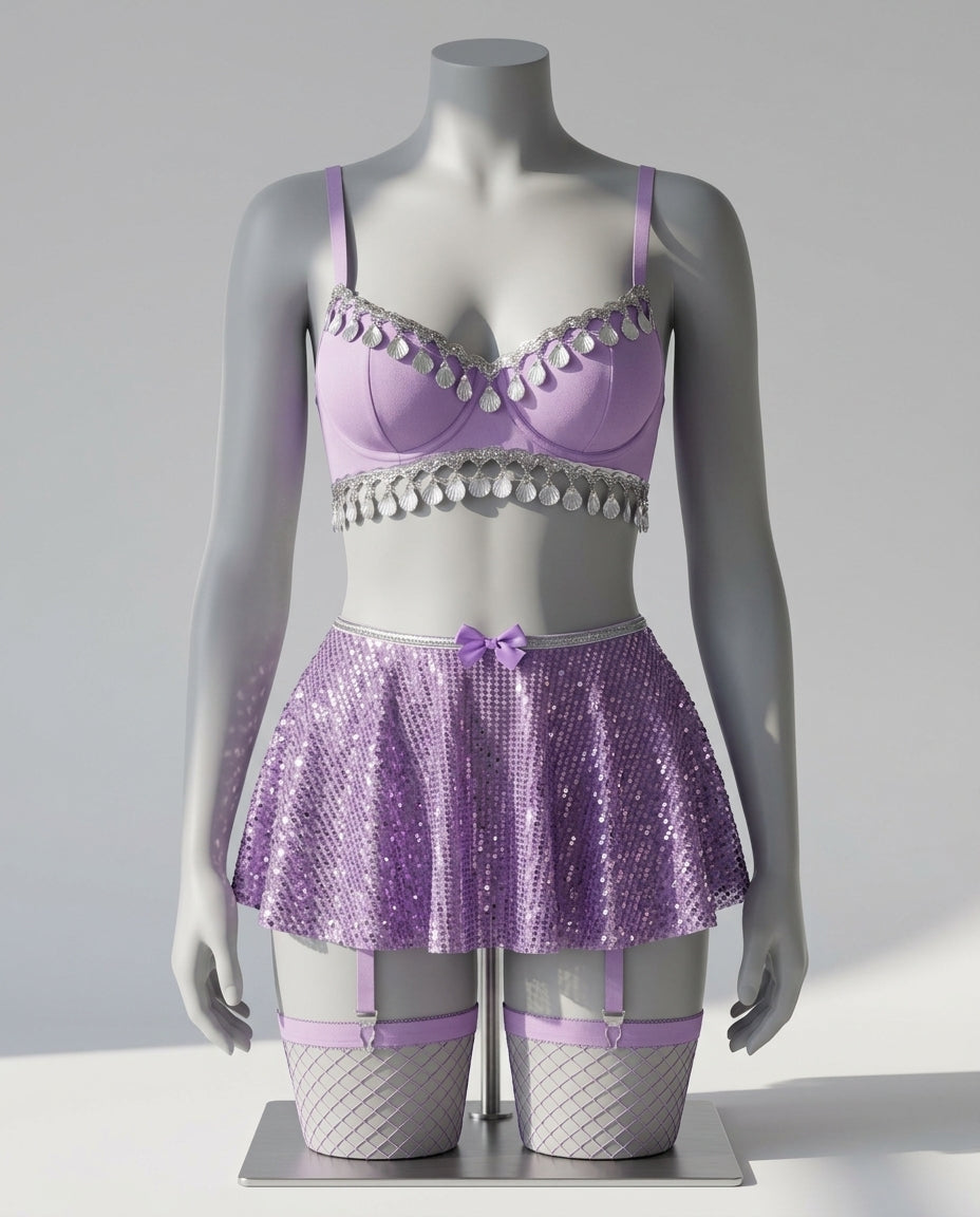 Conjunto de lencería temático estilo Jasmín en celeste y turquesa sobre maniquí, con top decorado con cadenas doradas, minifalda translúcida y ligas para muslos.
