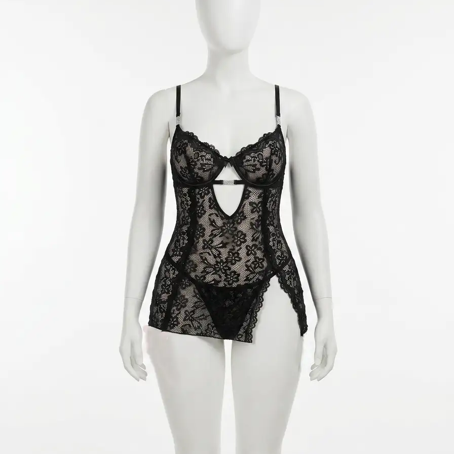 Vestido lencería encaje Meloni – Encaje negro floral con copas
