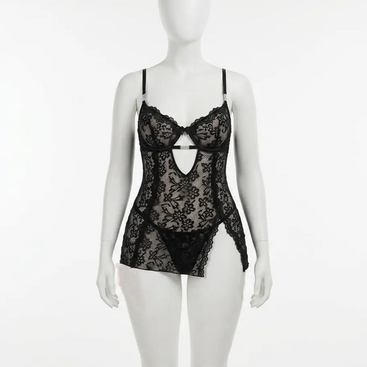 Vestido lencería encaje Meloni – Encaje negro floral con copas