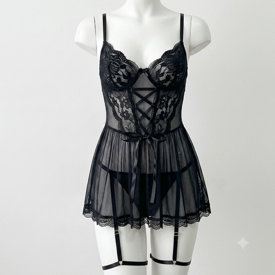 babydoll negro encaje porta ligas  cinta tipo corset encanto negro XL  cavrini