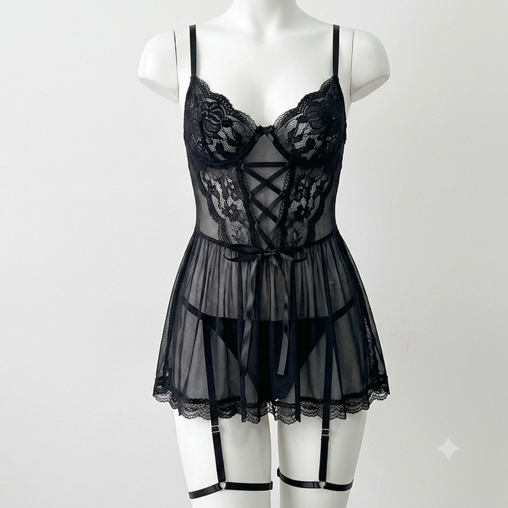 babydoll negro encaje porta ligas  cinta tipo corset encanto negro XL  cavrini